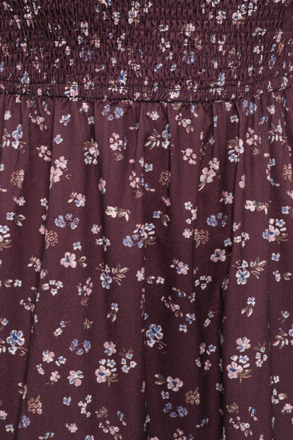 Edwina Shirred Frill Long Sleeve Midi Dress - Plum Floral