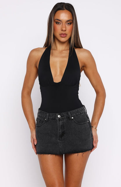 Broken Trust Mid Rise Denim Mini Skirt Black