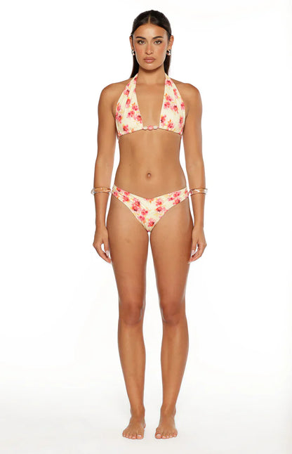 Sunbeam Yellow and Pink Floral Print Halter Bikini Top